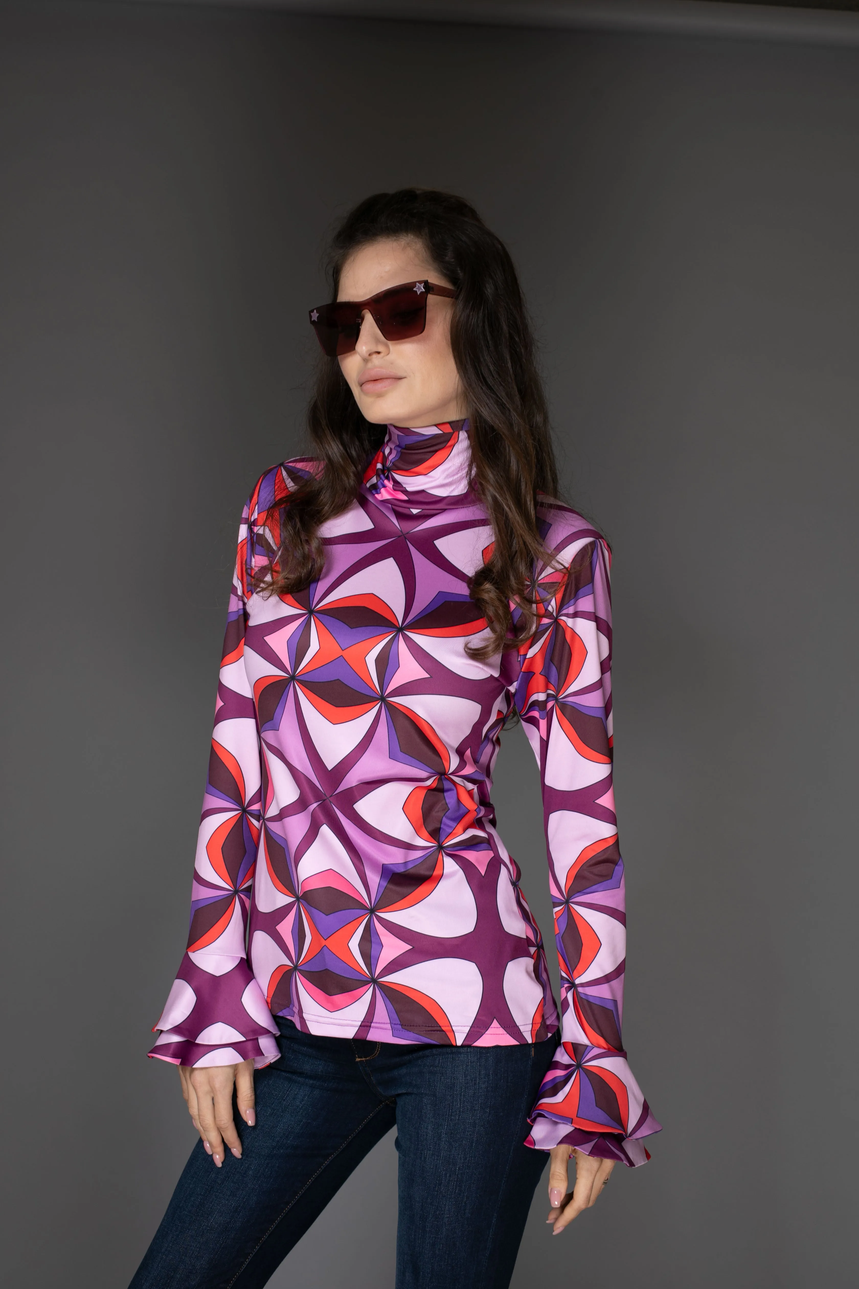 AB Top - Abstract Purple Ruffle Bell-Sleeve