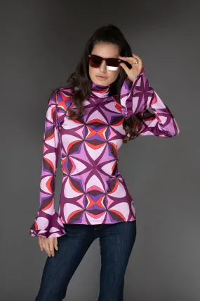 AB Top - Abstract Purple Ruffle Bell-Sleeve