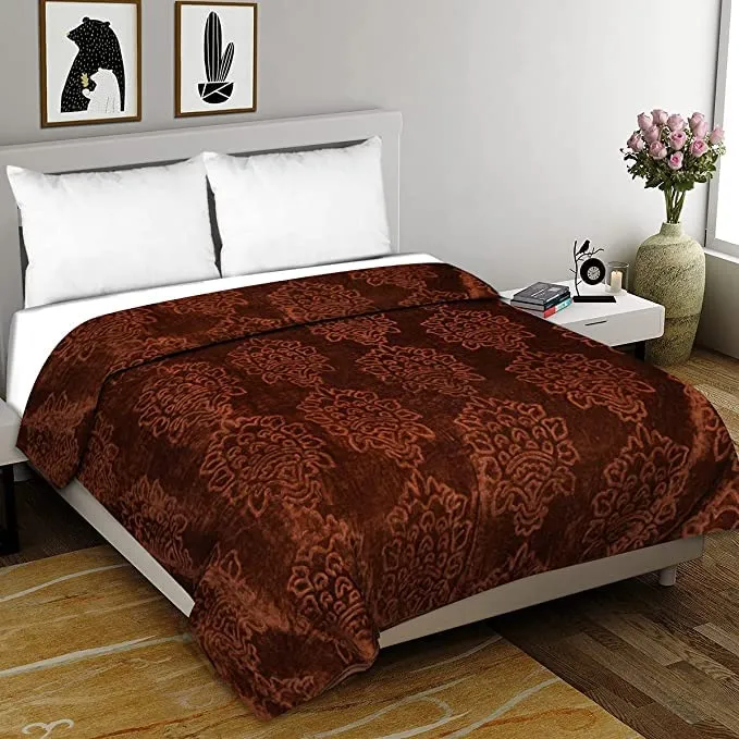 Akarshak Floral Embossed Woolen Soft Heavy Double Bed Blanket for Winter (Coffee, Double Bed)