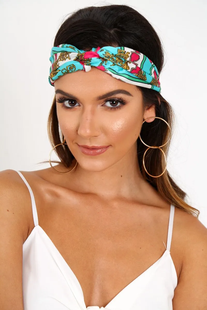 Aqua Printed Knot Front Scarf Headband - River