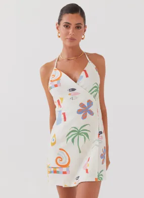 At Last Sunrise Wrap Linen Mini Dress - Summer Palm