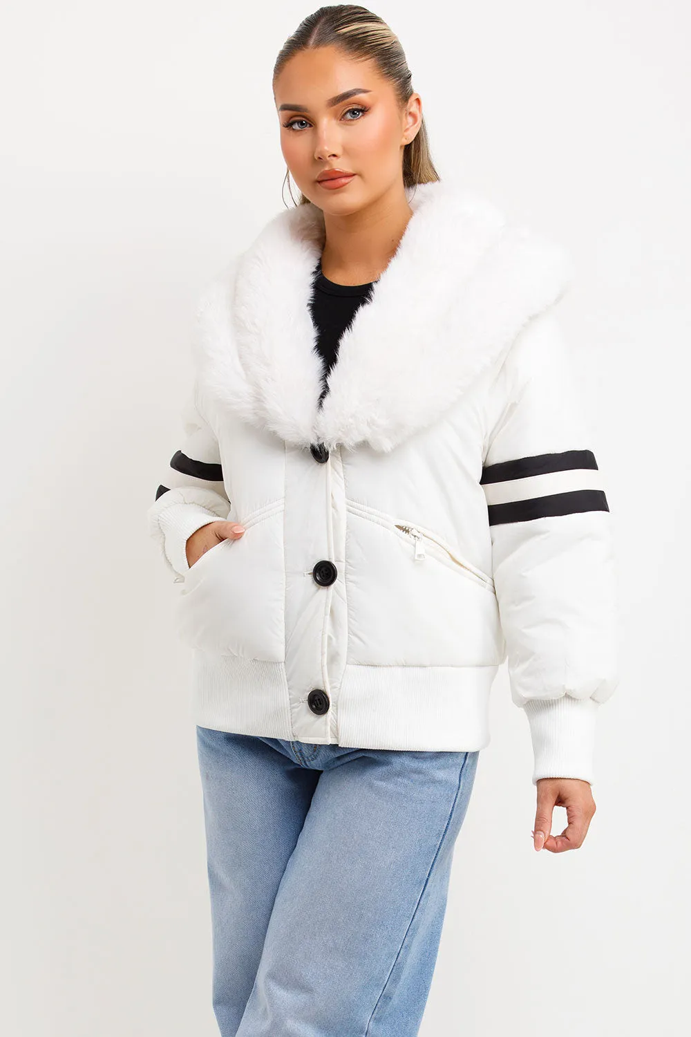 Aviator Bomber Jacket With Faux Fur And Stripe Detail White