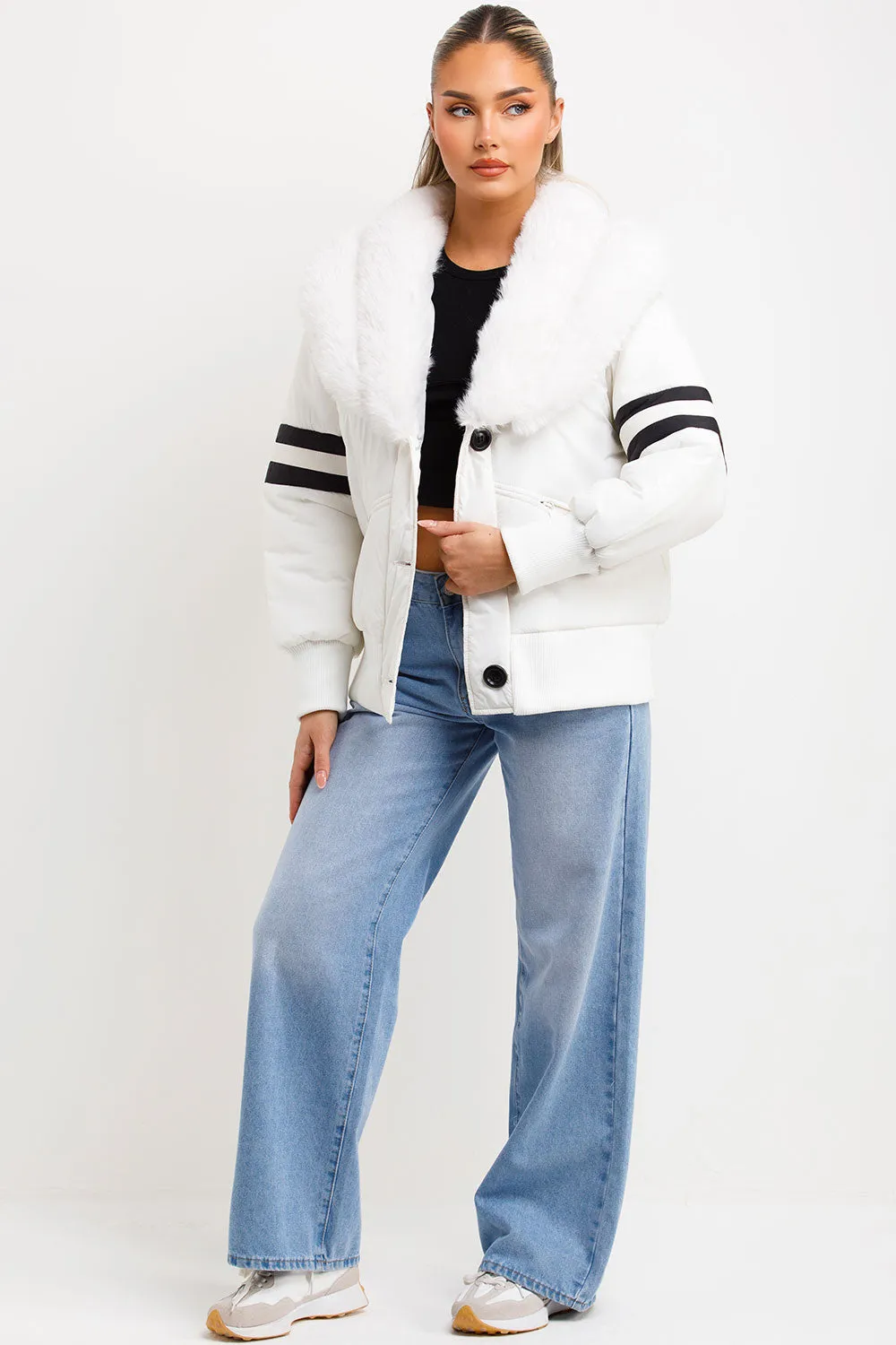 Aviator Bomber Jacket With Faux Fur And Stripe Detail White