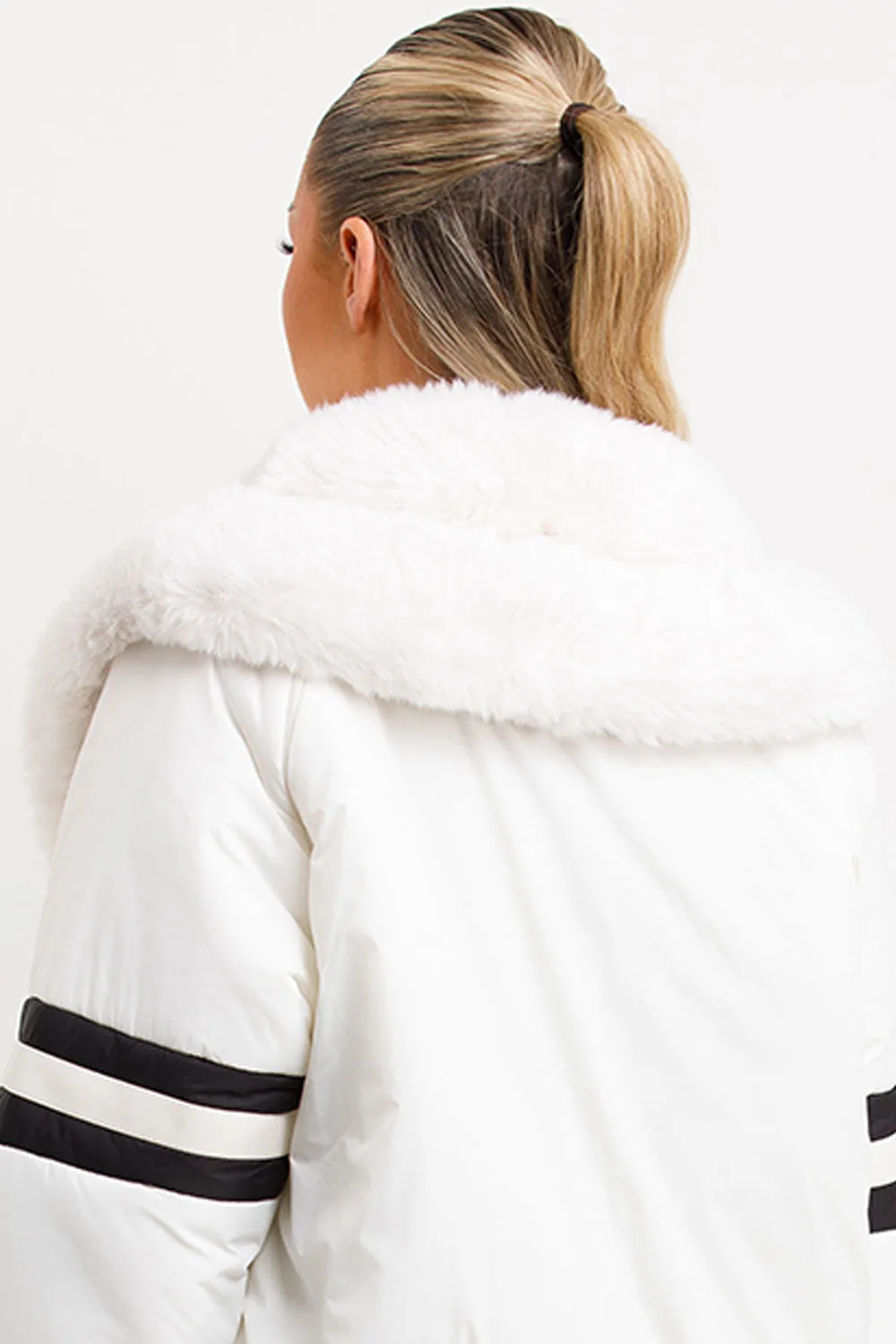 Aviator Bomber Jacket With Faux Fur And Stripe Detail White