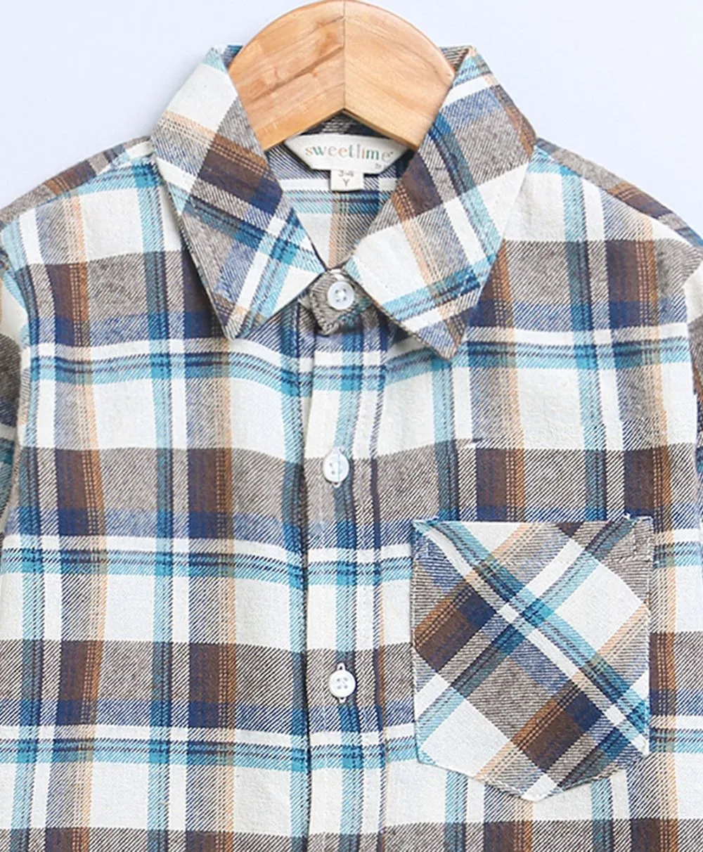 Beige, Brown & Blue Checks Cotton Flannel Long Sleeves Boys Shirt