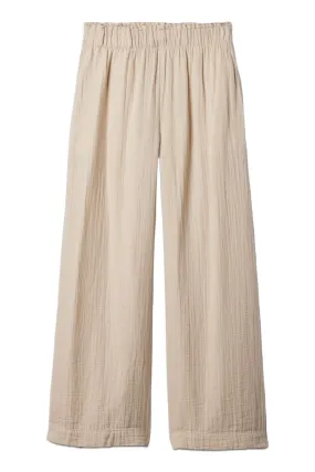 Beige Crinkle Cotton Wide Leg Pull On Trouser