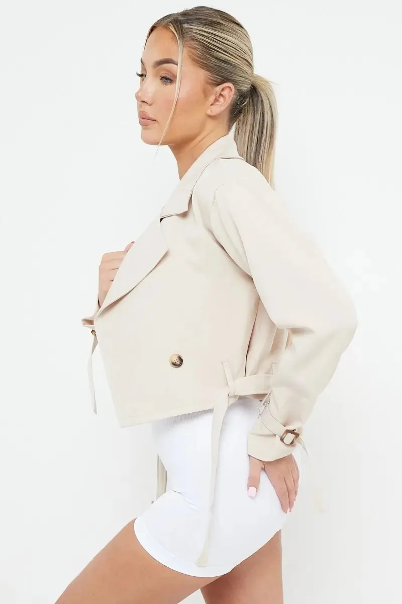 Beige Notch Lapel Belt Decor Short Jacket