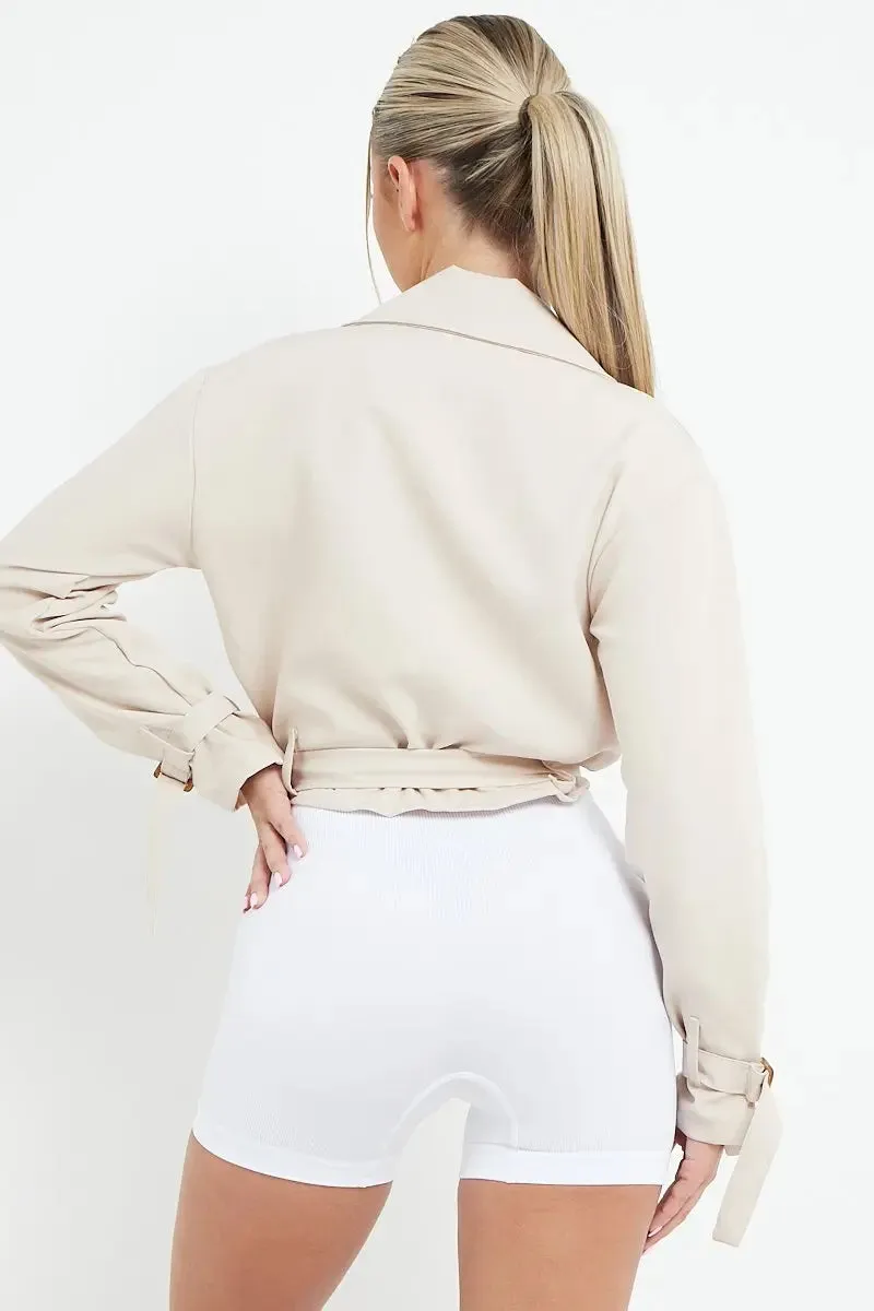 Beige Notch Lapel Belt Decor Short Jacket