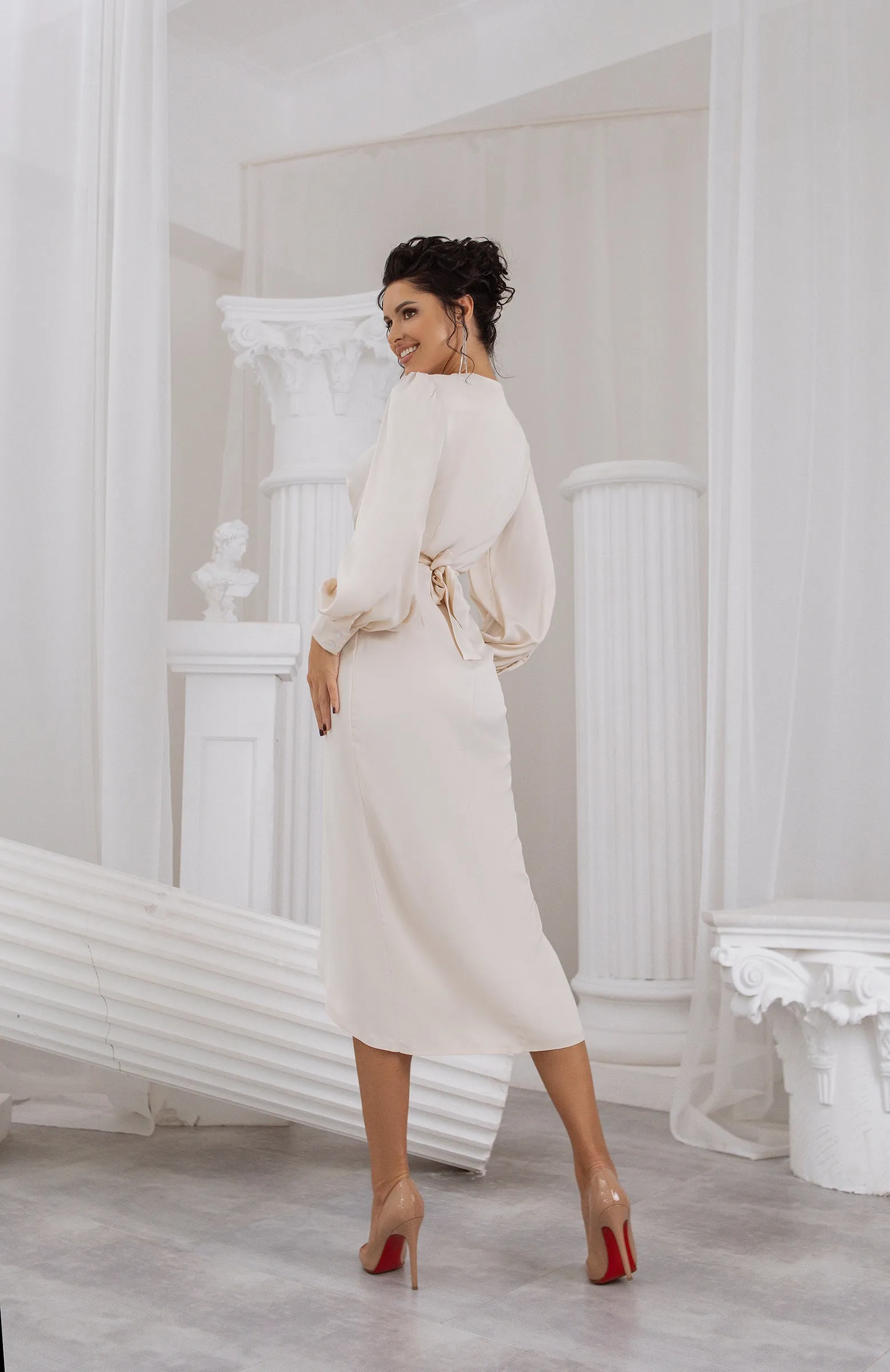 Beige Wrap Long Sleeve Midi Dress