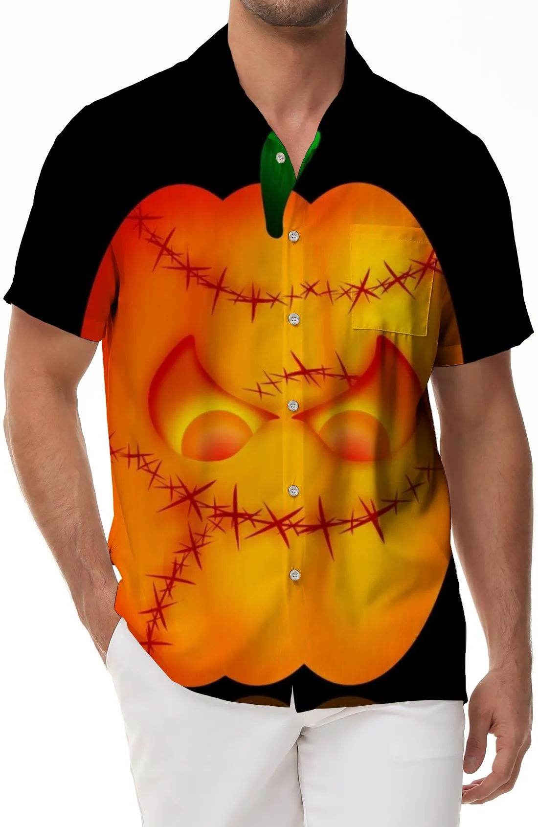 Black Hawaiian Shirt Halloween Pumpkin Modern Soft Short Sleeve Men's Outdoor Shirt