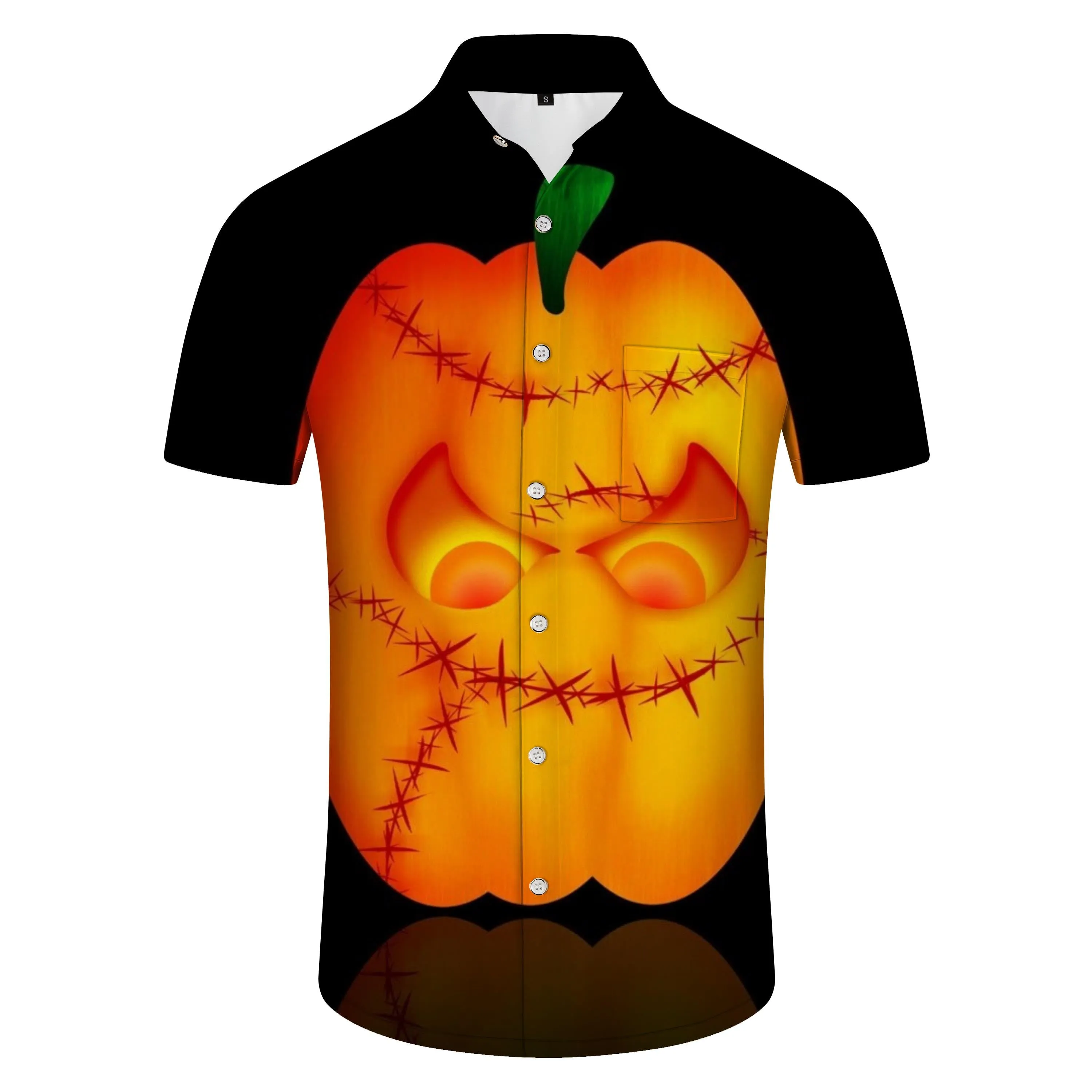 Black Hawaiian Shirt Halloween Pumpkin Modern Soft Short Sleeve Men's Outdoor Shirt