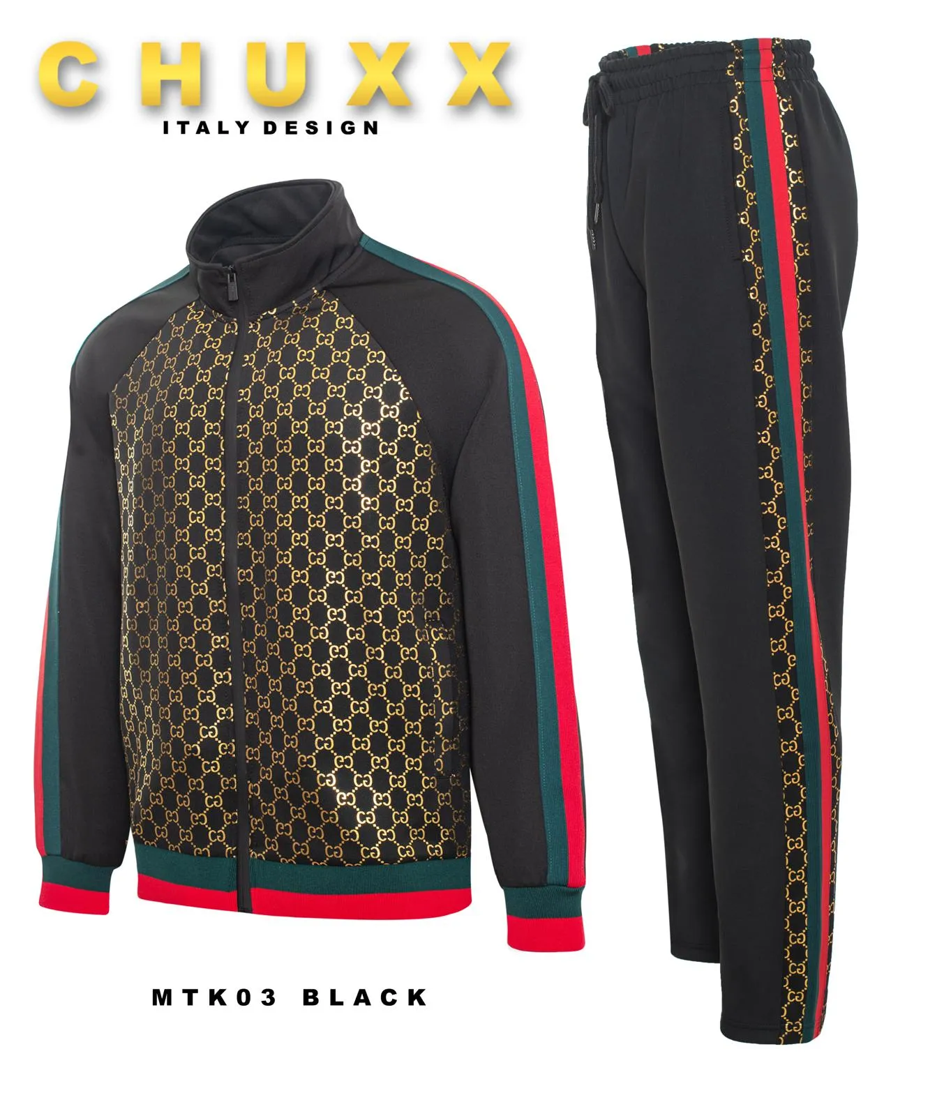 Black Men's Jogging Set Tracksuit Gold Print Style Red and Green Strips Style No: MTK03