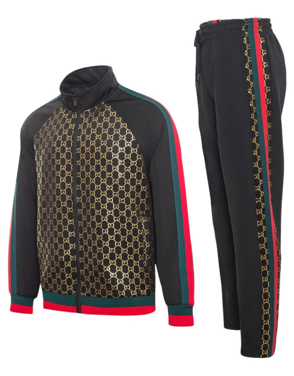 Black Men's Jogging Set Tracksuit Gold Print Style Red and Green Strips Style No: MTK03