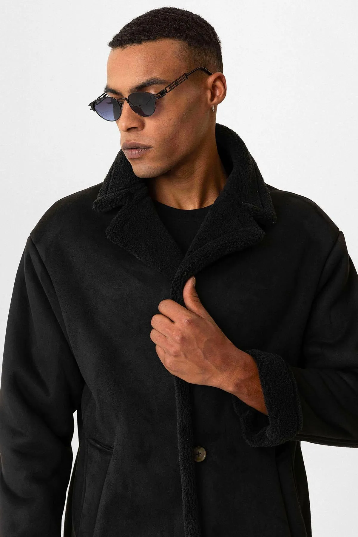 Black Suede-Look Men's Jacket with Lining Detail - Wessi