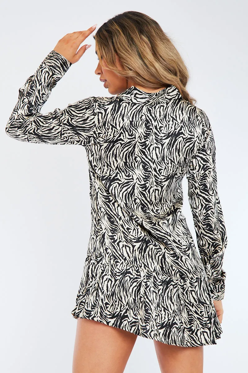 Black Zebra Print Satin Button Up Shirt Dress - Zoey