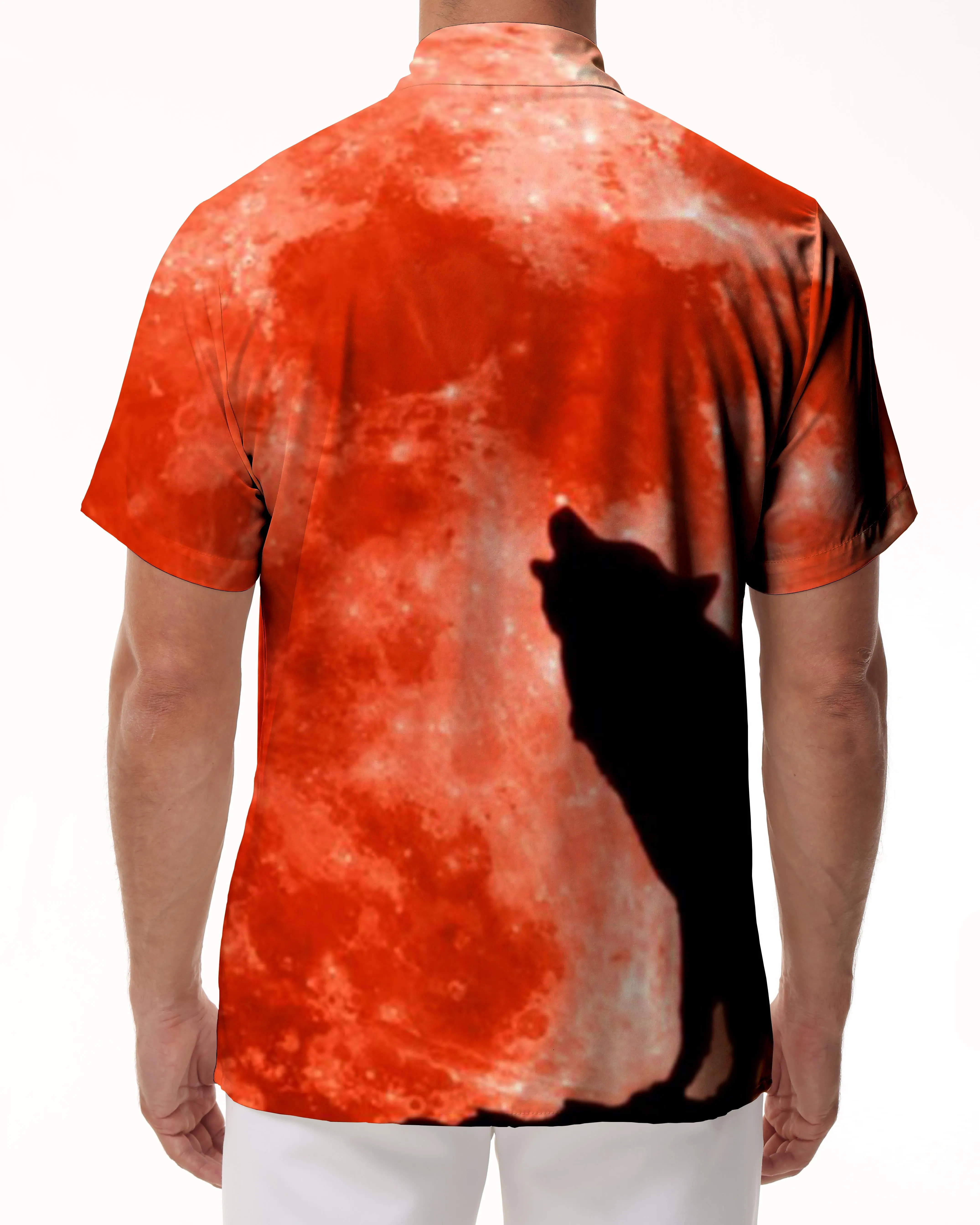 Blood Moon Wolf Casual Men's Shirt Short Sleeve Ocean Beach Tropical Hawaiian Button Wolf Shadow Pattern Red