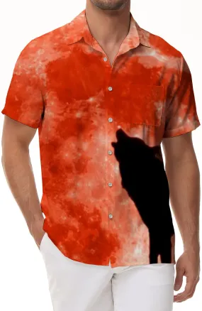 Blood Moon Wolf Casual Men's Shirt Short Sleeve Ocean Beach Tropical Hawaiian Button Wolf Shadow Pattern Red