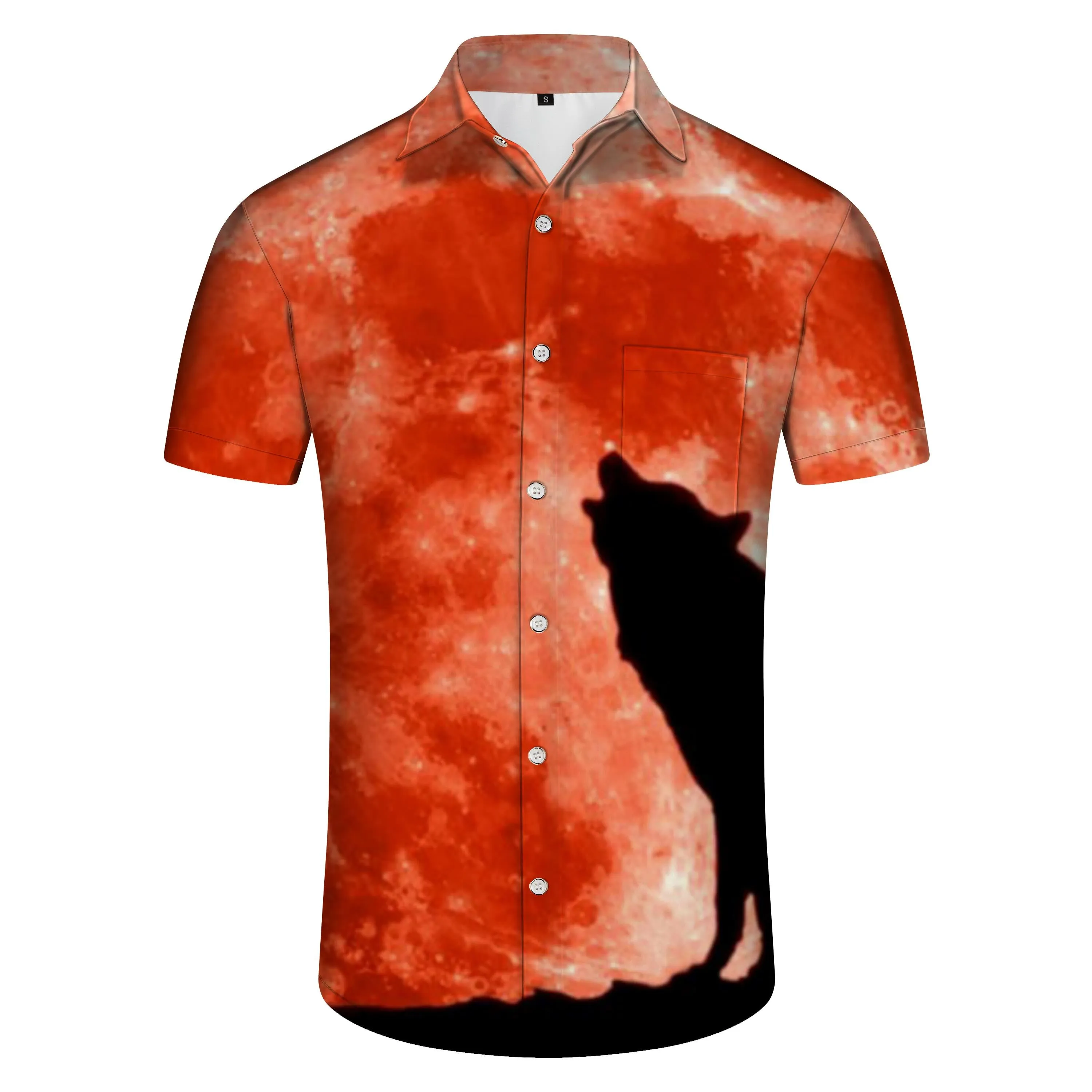 Blood Moon Wolf Casual Men's Shirt Short Sleeve Ocean Beach Tropical Hawaiian Button Wolf Shadow Pattern Red