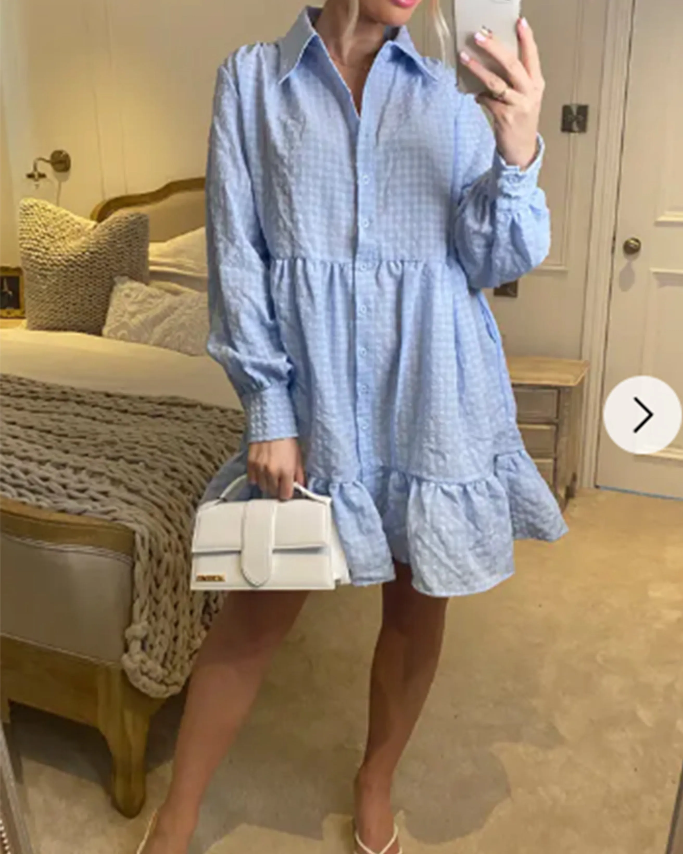 Blue color Oversized shirt dress in pop pattern fabric in ruffle hem design