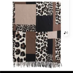 Brown Leopard Block Print Fringe Scarf