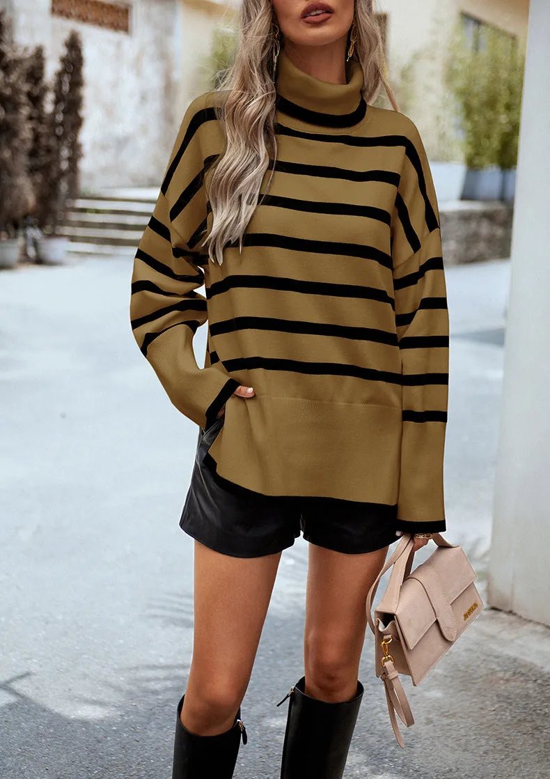 Brown Turtleneck Striped Long Sleeve Knitted Pullover