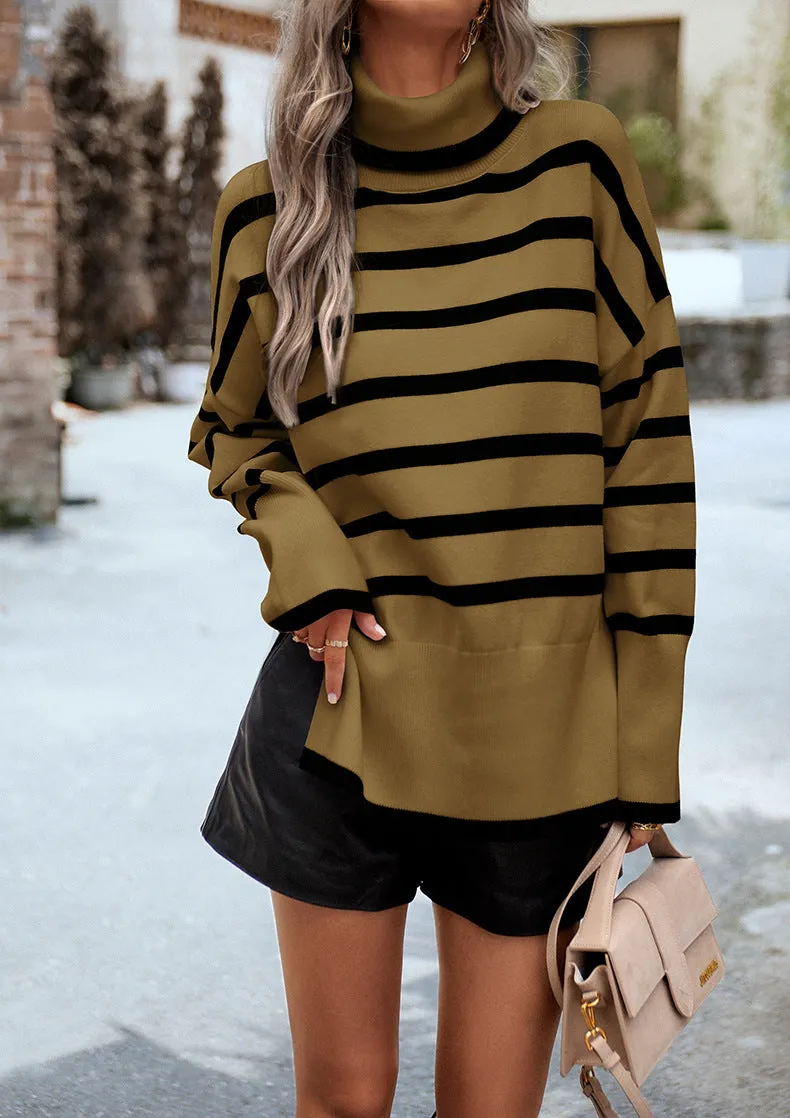 Brown Turtleneck Striped Long Sleeve Knitted Pullover