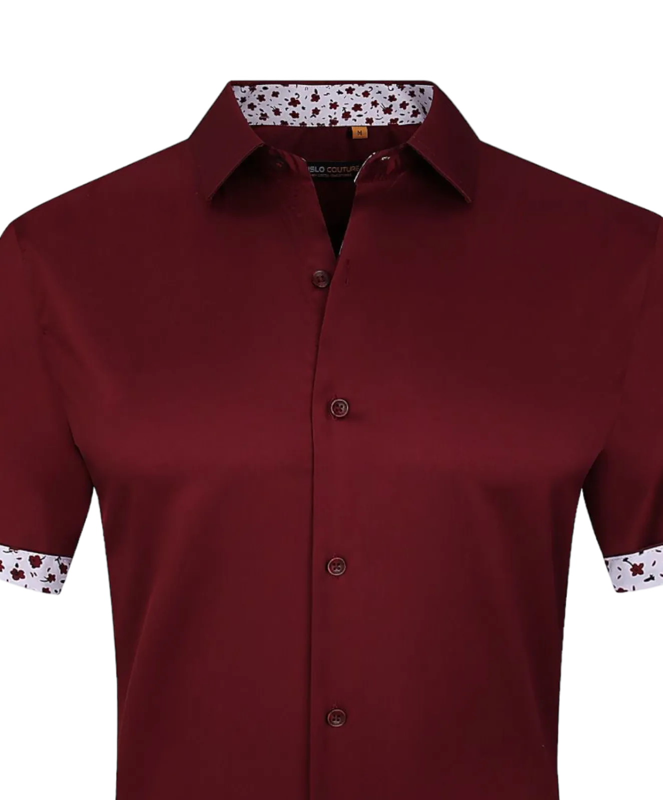 Burgundy men's short sleeve shirts stretch material paisley cuff on the sleeves