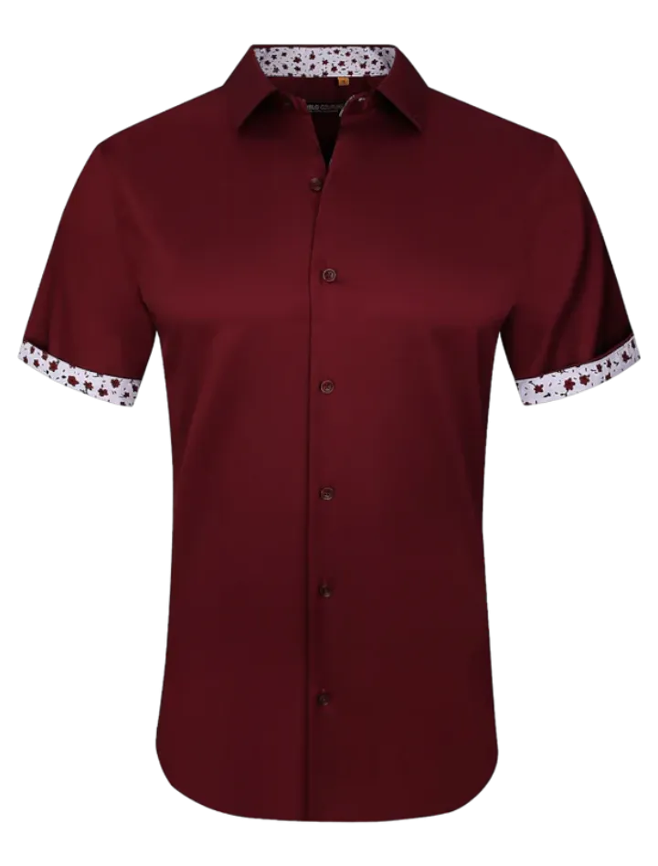 Burgundy men's short sleeve shirts stretch material paisley cuff on the sleeves