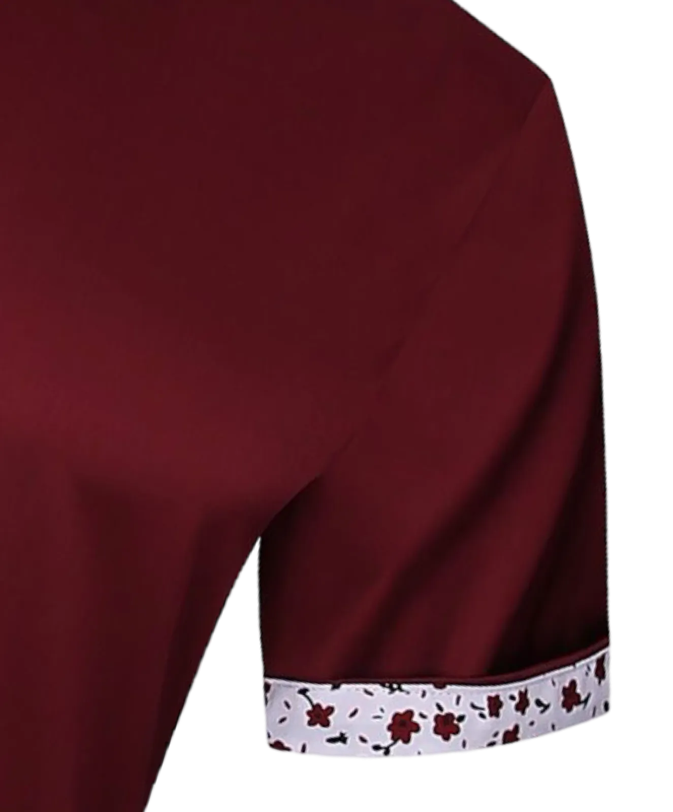 Burgundy men's short sleeve shirts stretch material paisley cuff on the sleeves