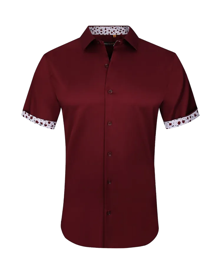 Burgundy men's short sleeve shirts stretch material paisley cuff on the sleeves