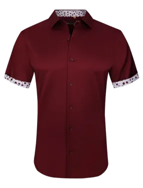 Burgundy men's short sleeve shirts stretch material paisley cuff on the sleeves