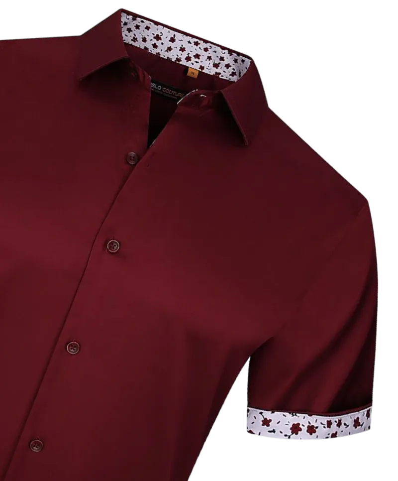 Burgundy men's short sleeve shirts stretch material paisley cuff on the sleeves