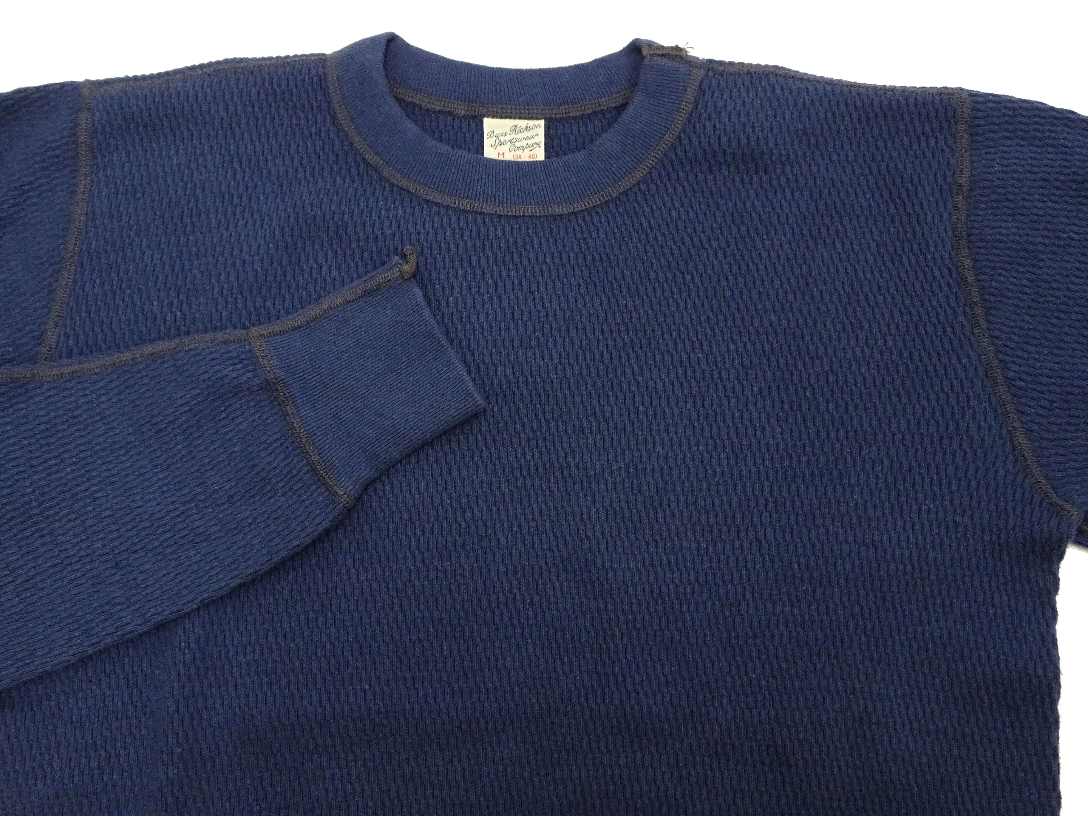 Buzz Rickson Waffle-Knit Thermal T-Shirt Men's Casual Long Sleeve Plain Crew Neck Waffle Tee BR63755 128 Navy-Blue