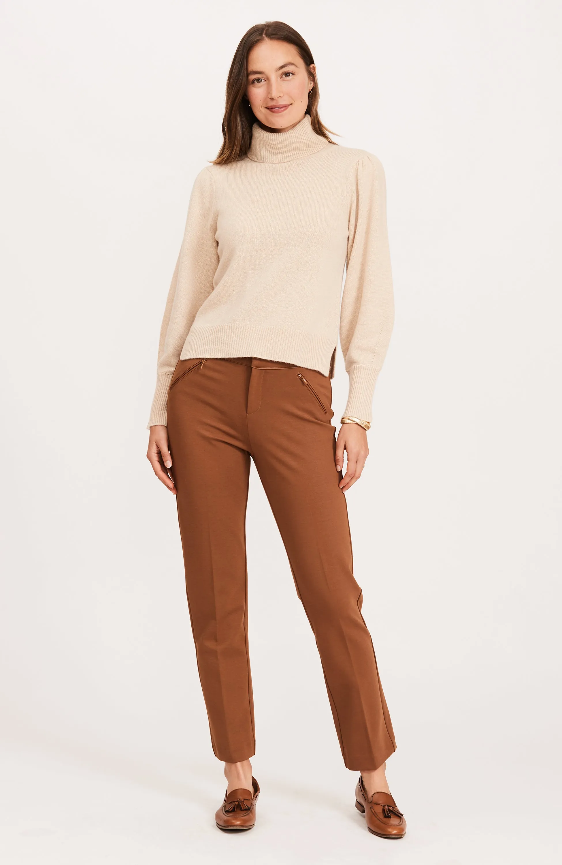 Cashmere Puff Sleeve Turtleneck Sweater - Almond