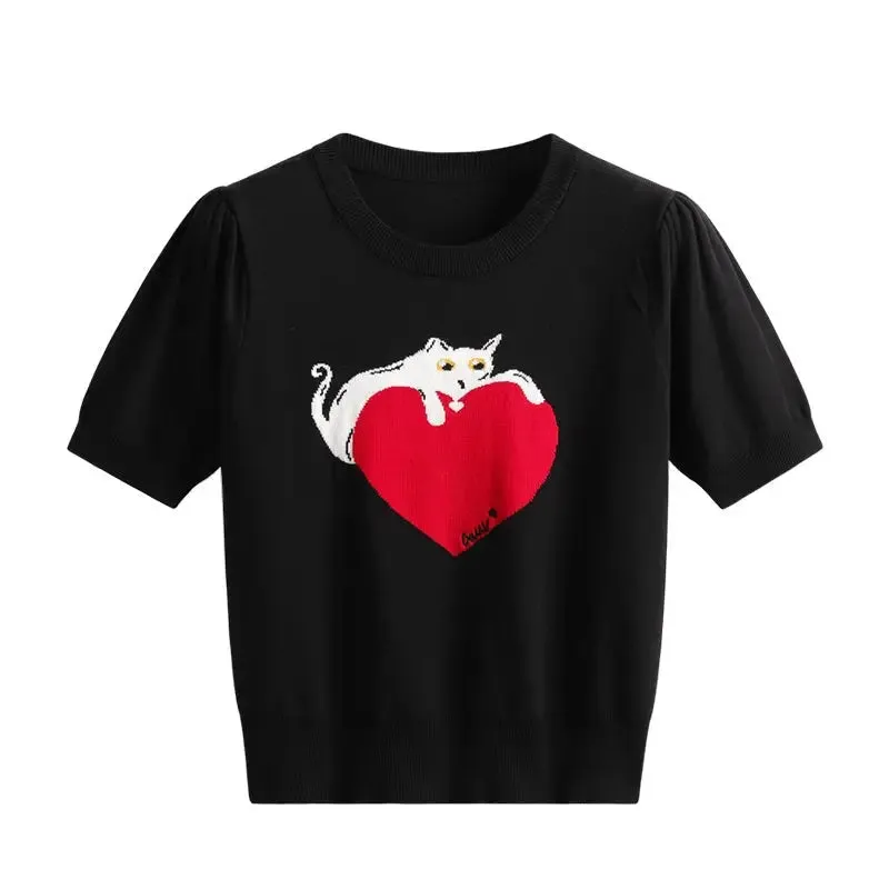 Cat And Heart Knitted T-shirt