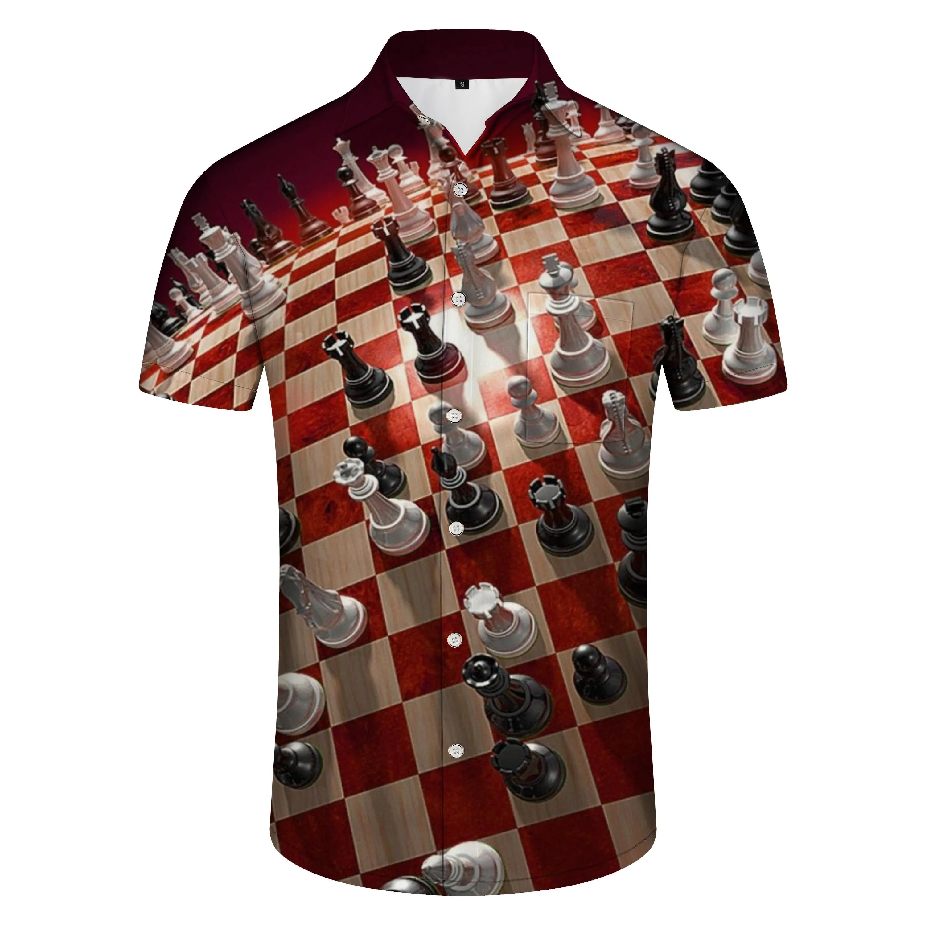 Chess print casual men's abstract geometric Hawaiian button shirt short sleeve beachwear