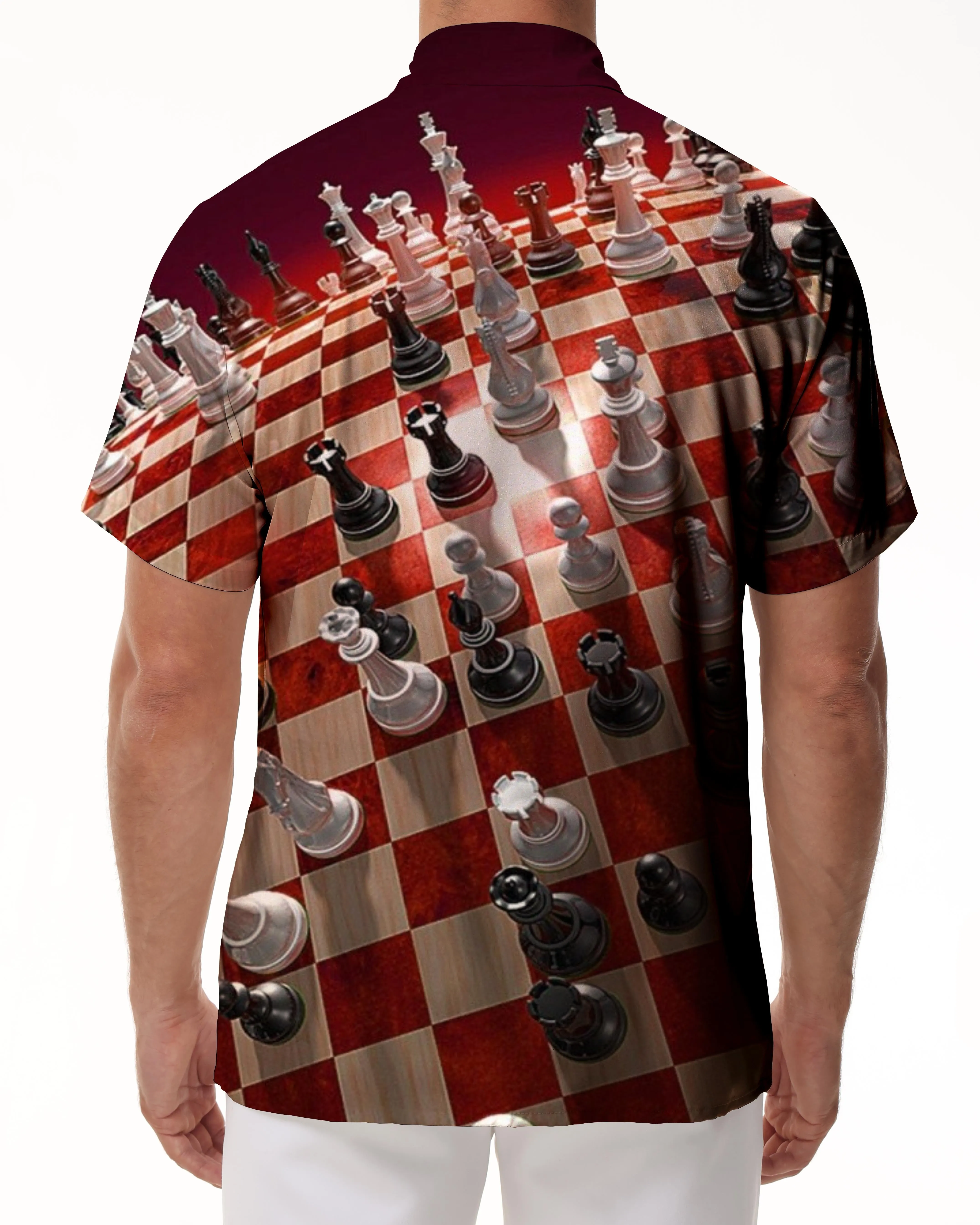 Chess print casual men's abstract geometric Hawaiian button shirt short sleeve beachwear