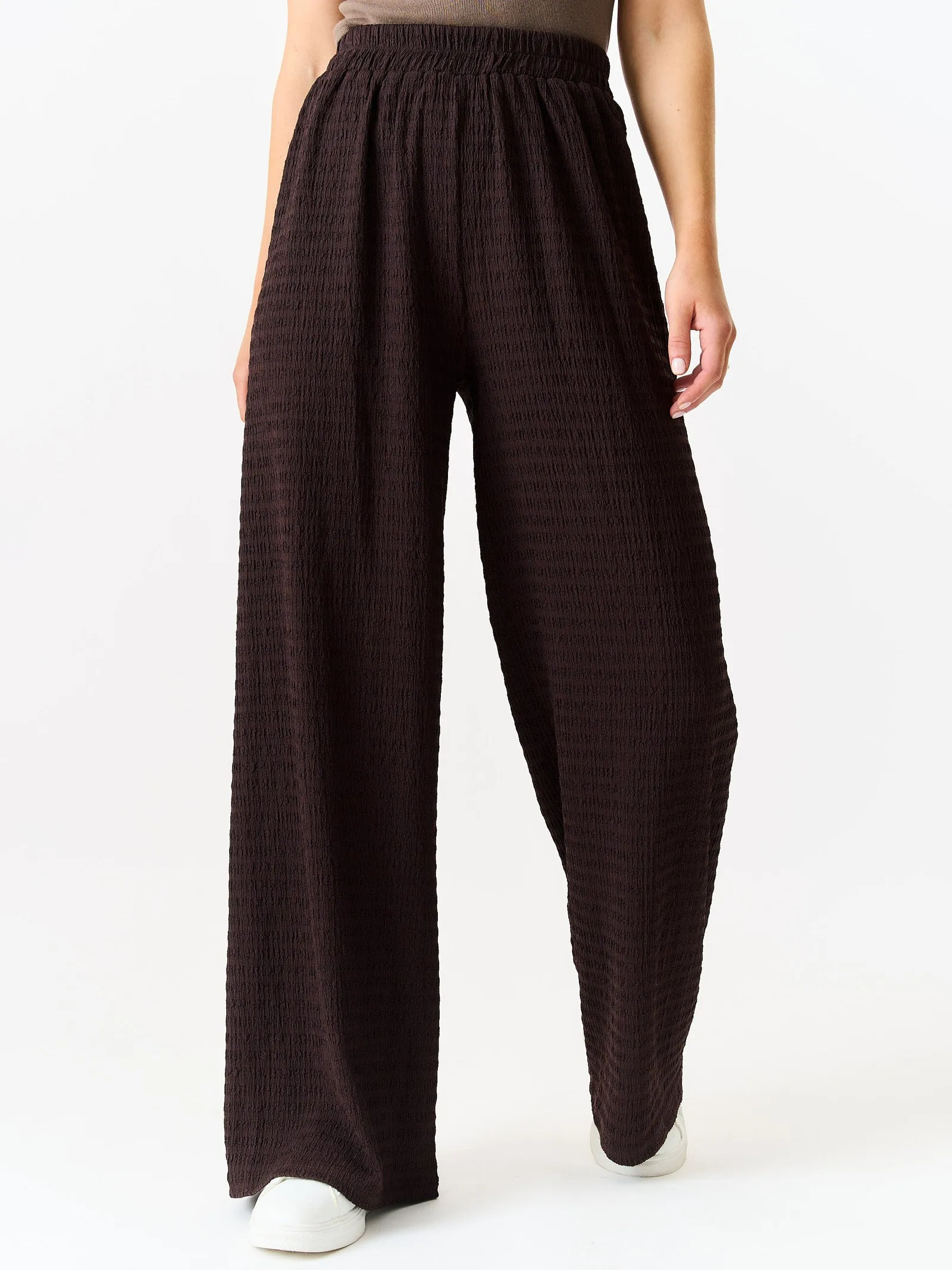 Chocolate Textured Elastic Waist Pull On Trousers