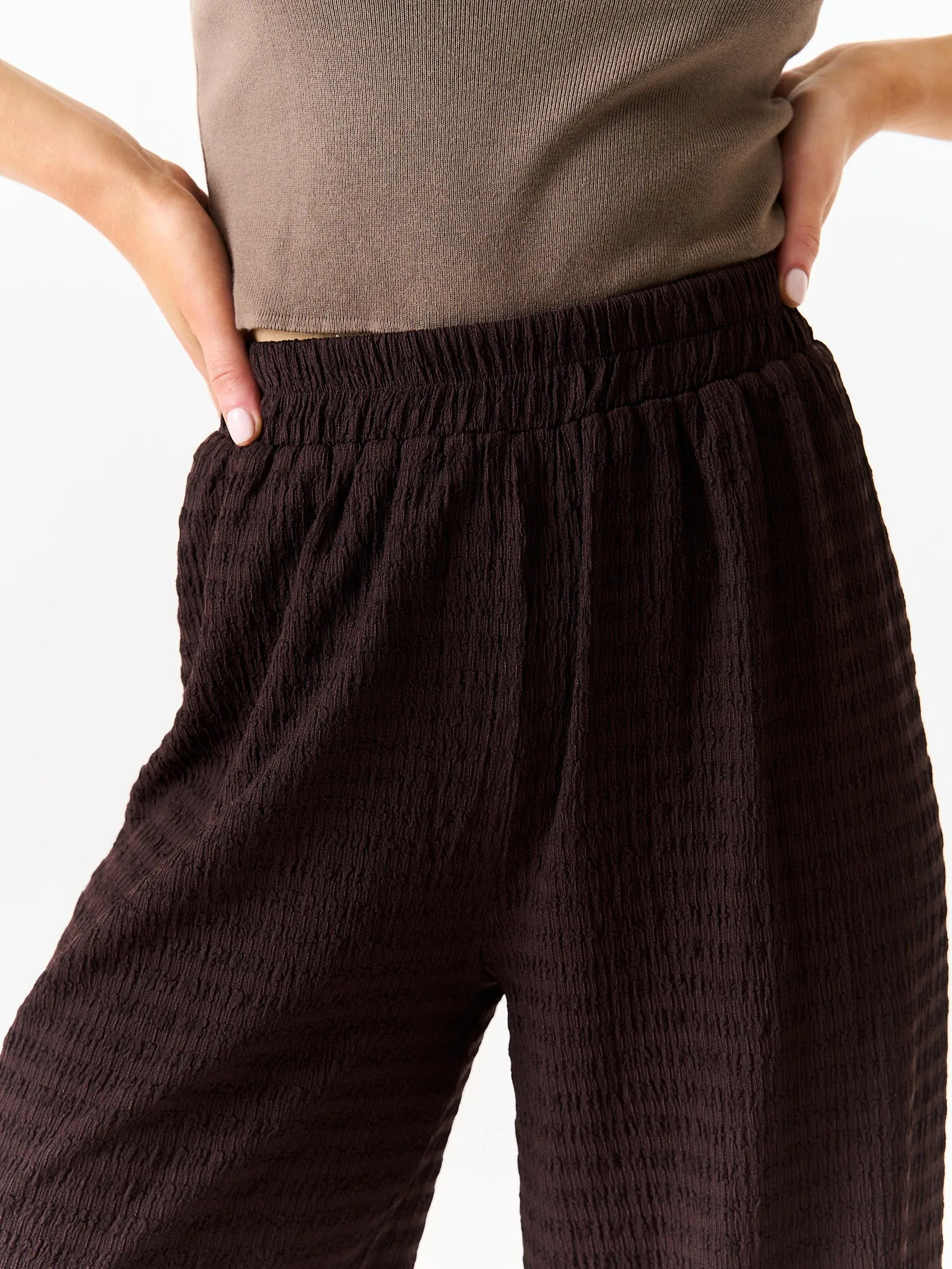 Chocolate Textured Elastic Waist Pull On Trousers