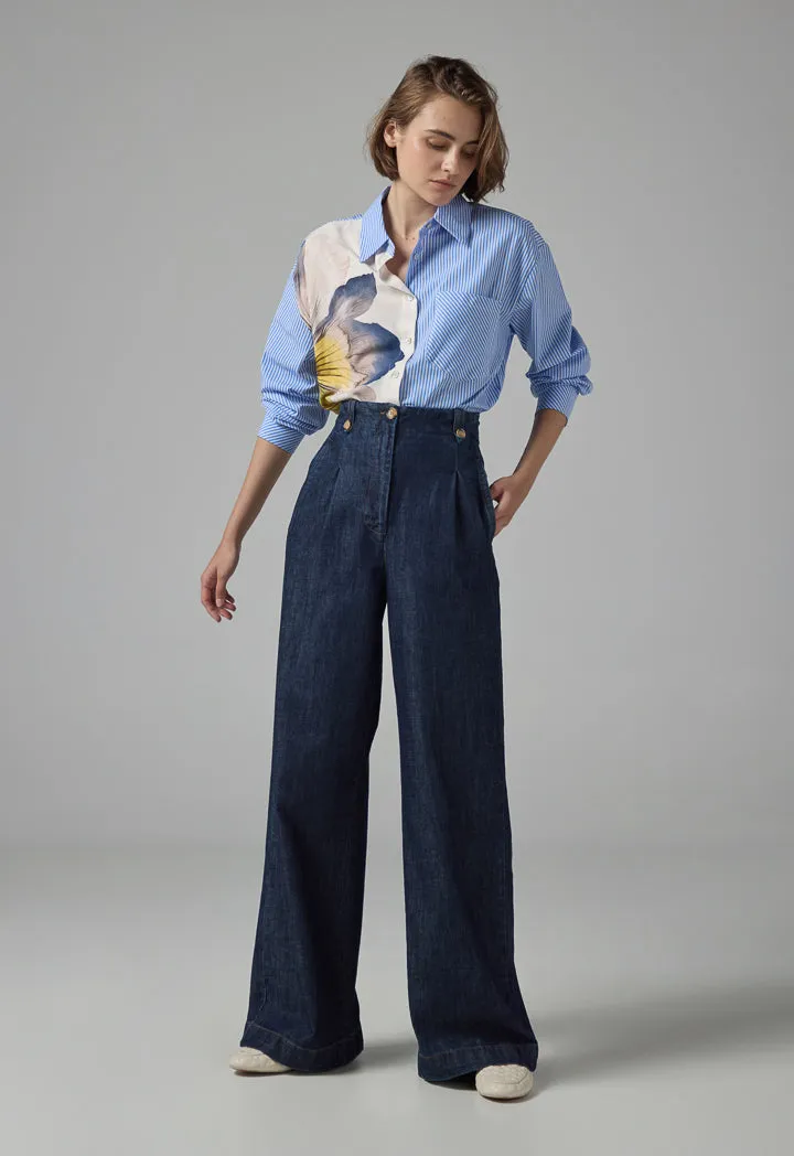 Choice Floral Print Wide Leg Denim Trousers Indigo