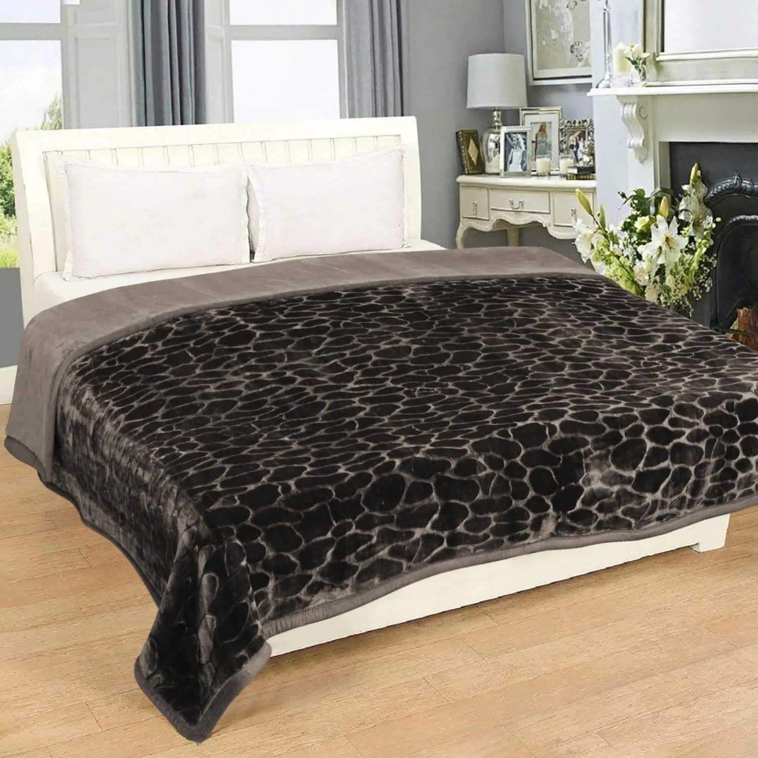 Cloth Fusion Floral Embossed Woolen Soft Heavy Double Bed Blanket for Winter (Slate Grey)