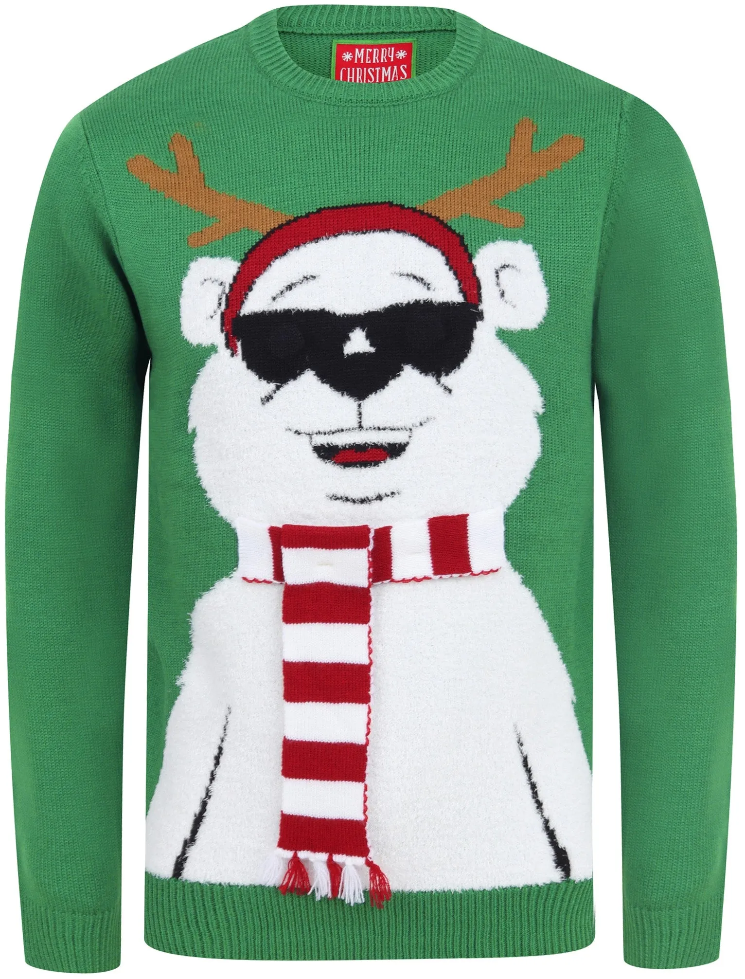 Cool Polar Bear Motif LED Light Up Novelty Christmas Jumper in Green - Merry Christmas