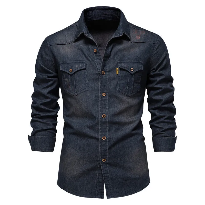 Denim Non-ironing Shirt Men's Casual Solid Color Long-sleeved Shirt