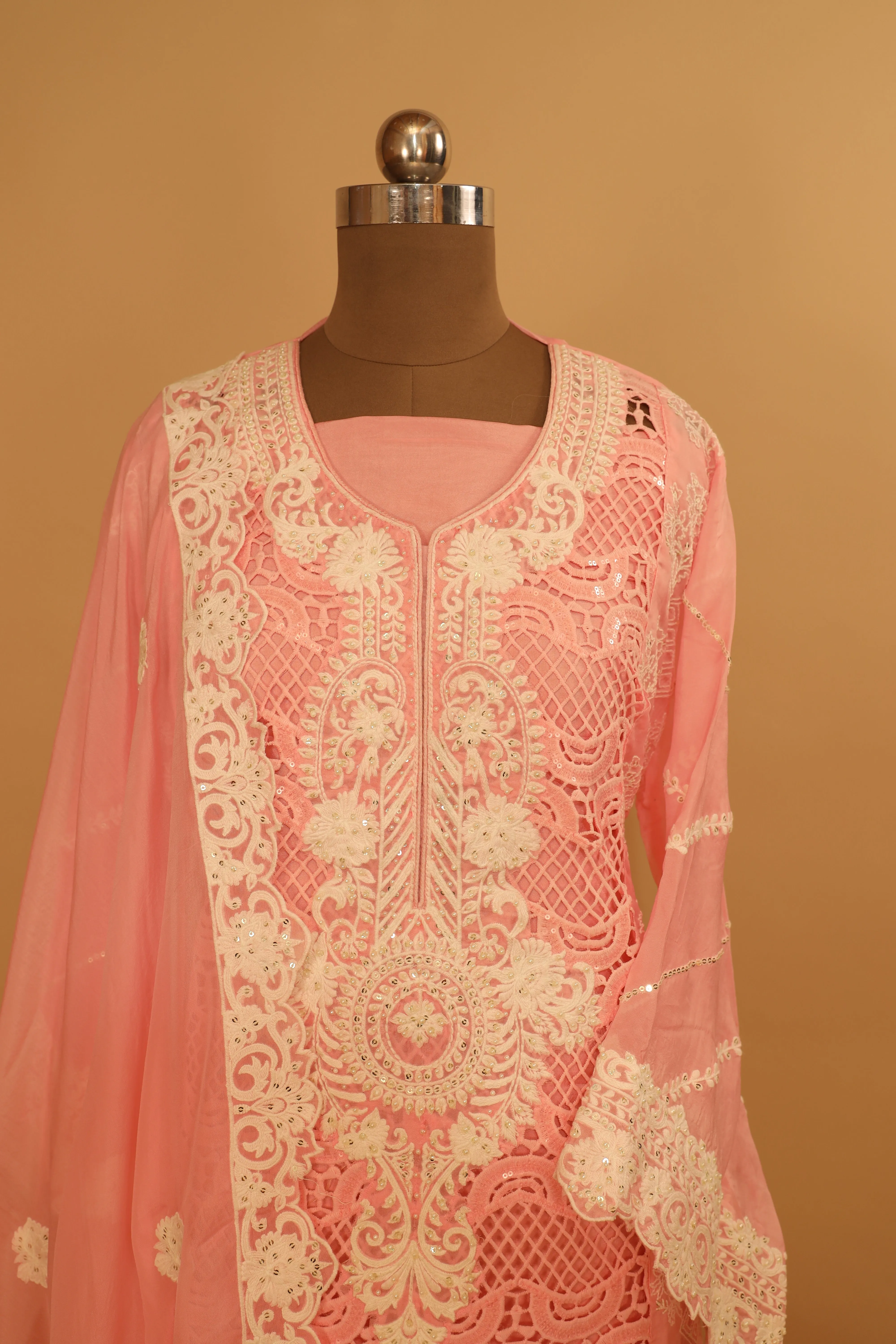 Designer Pink Embroidered Cutwork Organza Suit Dupatta