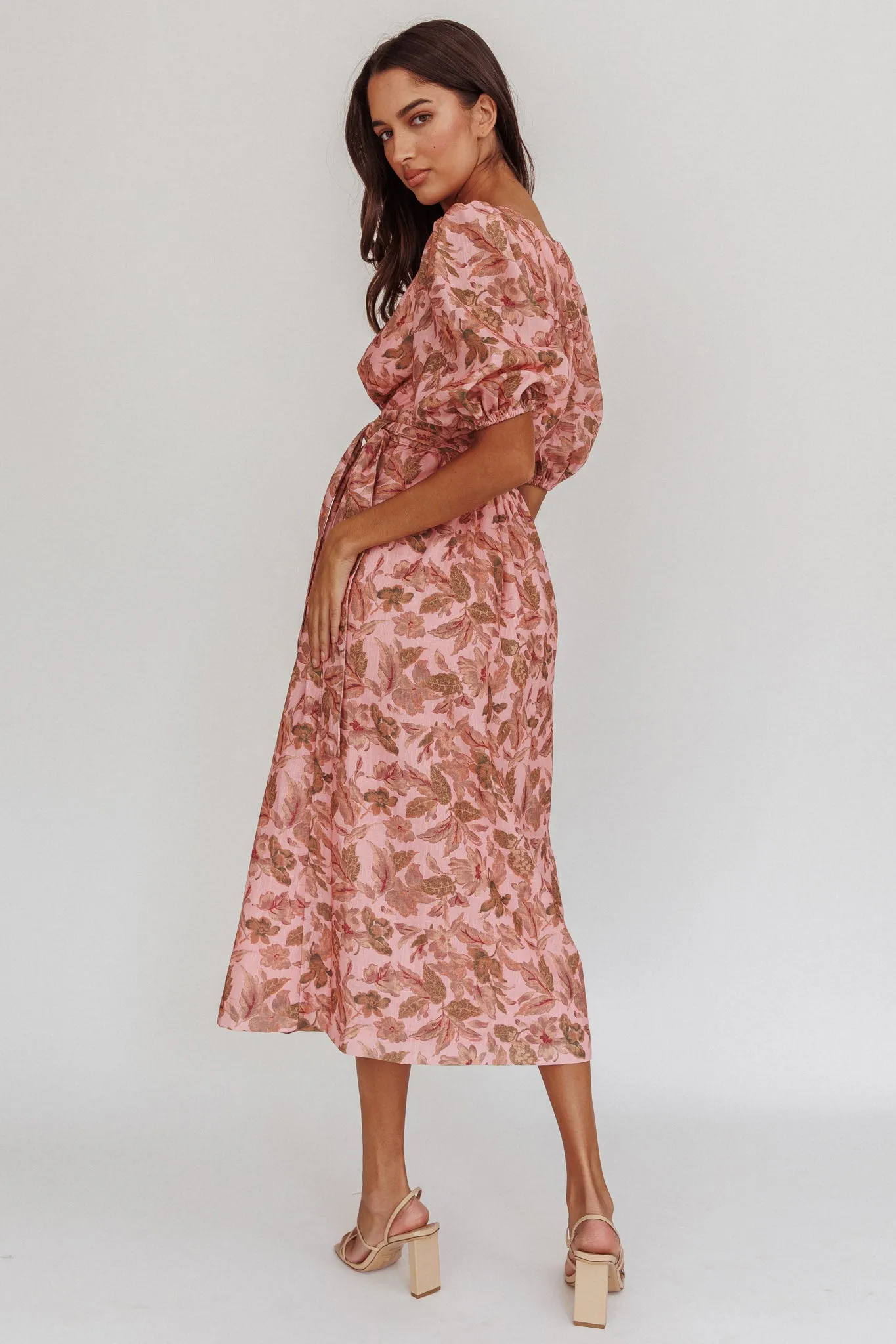 Doris Floral Puff Sleeve Midi Wrap Dress Blush