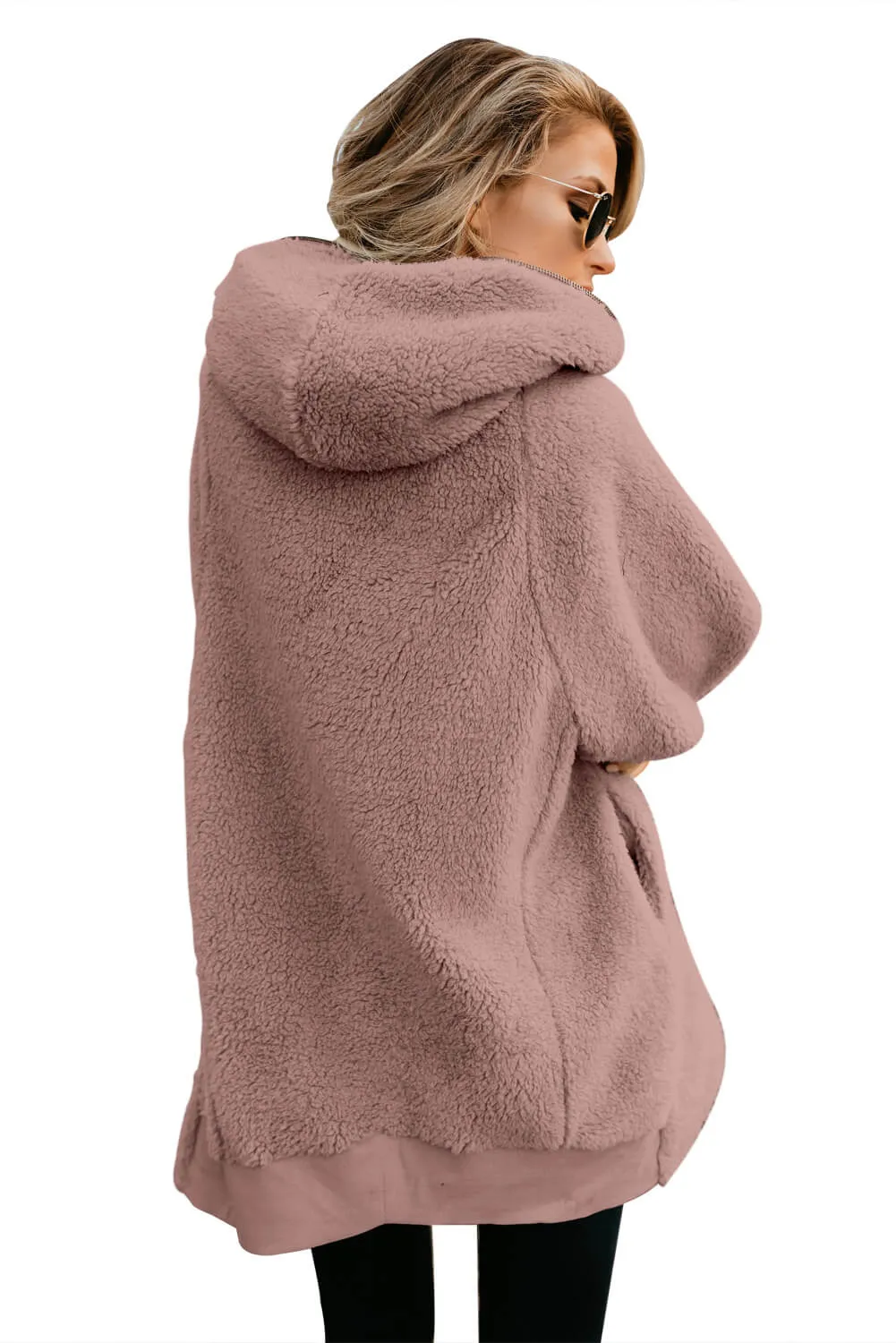 Dusty Pink Zip Down Hooded Fluffy Coat