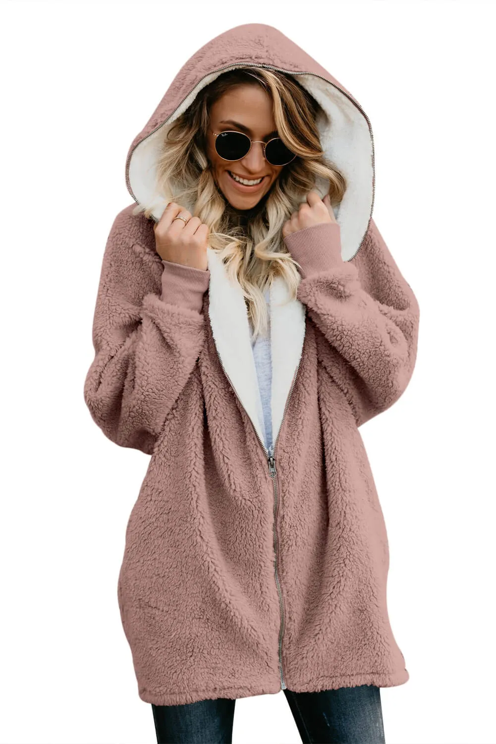 Dusty Pink Zip Down Hooded Fluffy Coat