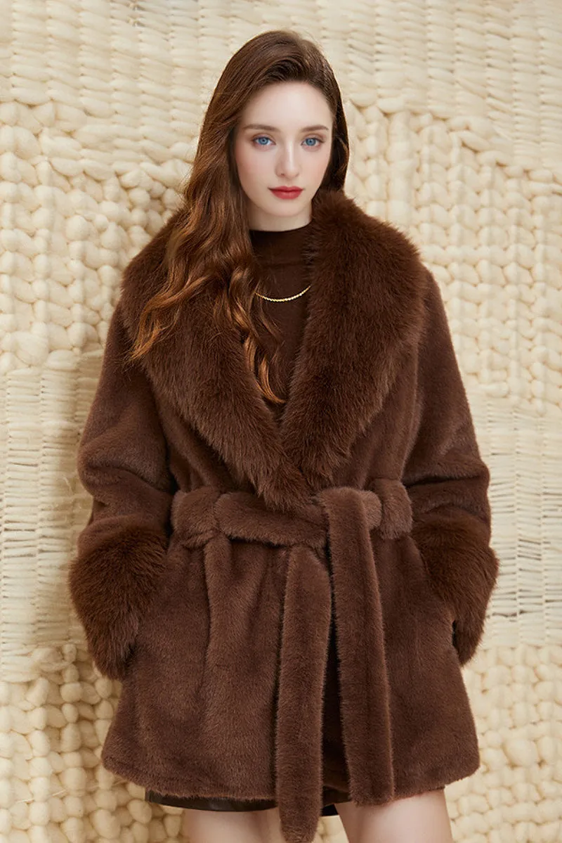 Elegant Belted Faux Fur Coat with Lapel Collar