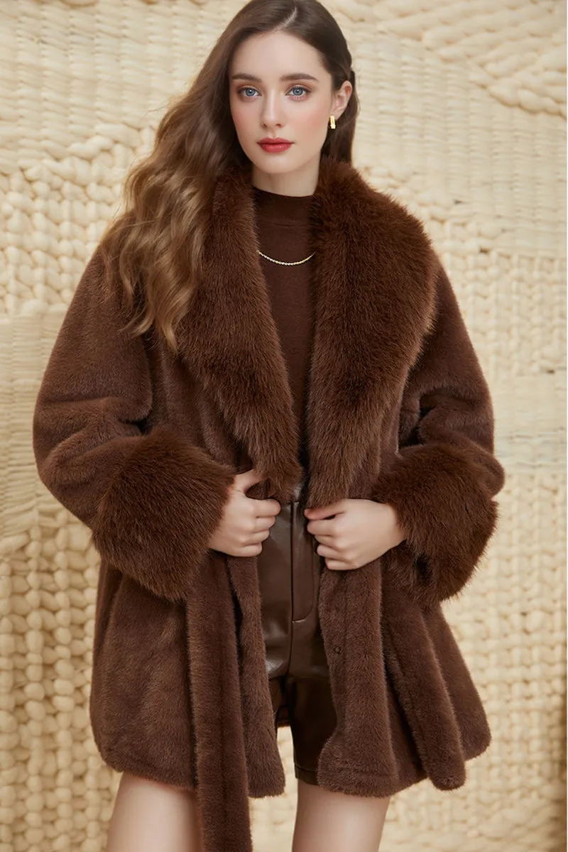 Elegant Belted Faux Fur Coat with Lapel Collar