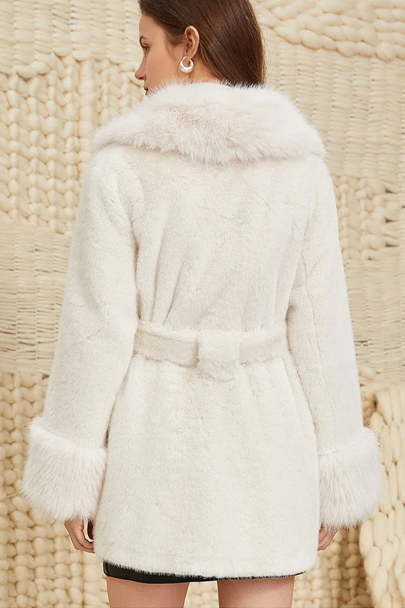 Elegant Belted Faux Fur Coat with Lapel Collar